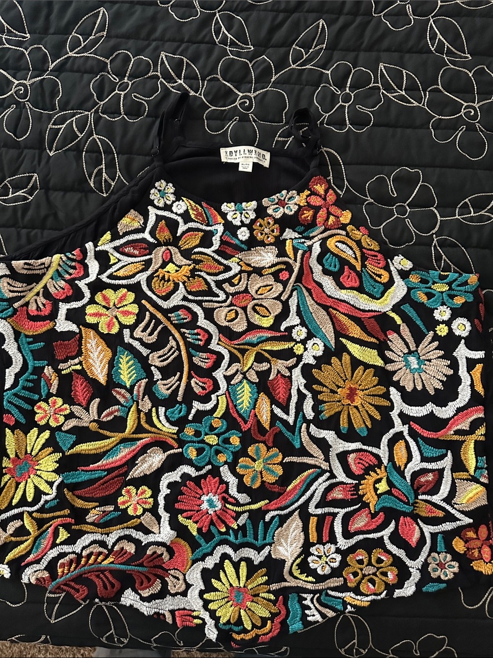 Idyllwind Black Embroidered Floral Halter Tank with Multicolor Stitching